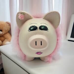 Jumbo Girly Piggy Bank Decor Pink Cream Glitter Ceramic Feathery Boa Giant Gifts